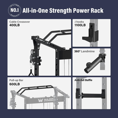 MAJOR FITNESS Power Cage Drone1 Premium- Multi-Function Power Rack for Home Gym, Squat Rack with Pull-up Bar, Cable Crossover System, J-Hooks, for Strength Training, Heavy-Duty Steel Construction