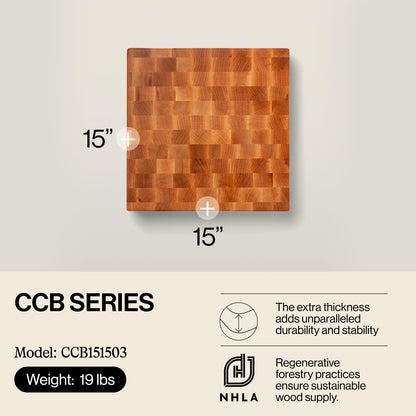John Boos CCB Series Square Wooden Maple Cutting Board 15”x15” – 3” Thick, 19-lb Reversible Butcher Block with End-Grain & Finger Grips – Made in the USA