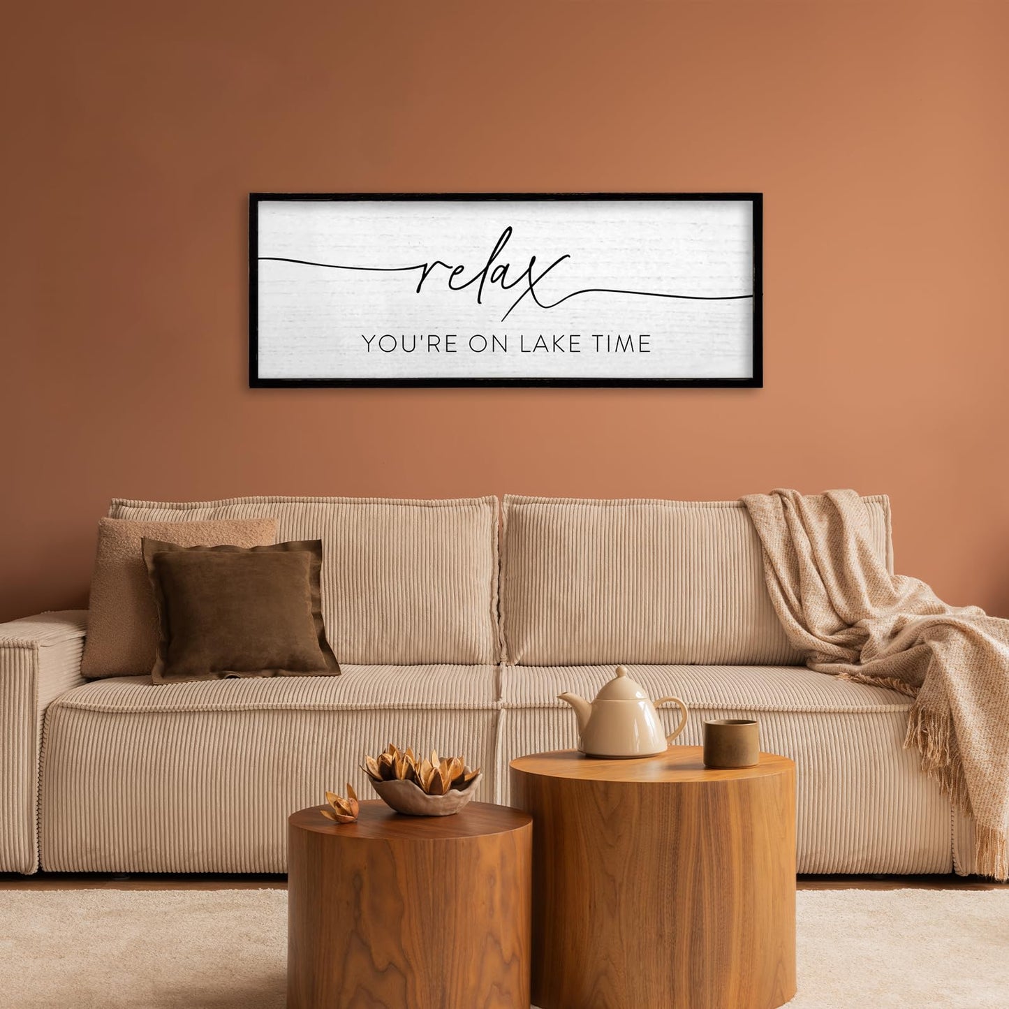 TQianJiang Relax You're On Lake Time Wall Decor 32"×12" Lakeside Quote Sign Lake House Decor for Living Room Bedroom Large Rustic Wooden Framed Wall Hanging Art (Black)