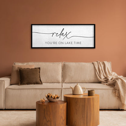 TQianJiang Relax You're On Lake Time Wall Decor 32"×12" Lakeside Quote Sign Lake House Decor for Living Room Bedroom Large Rustic Wooden Framed Wall Hanging Art (Black)