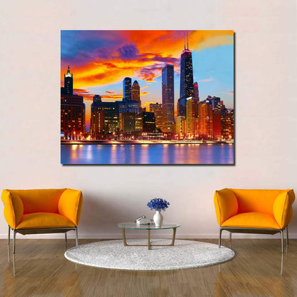 Canvas Wall Art - Chicago Skyline at Dusk, Modern Gallery Decor, Stretched and Framed 12" x 16"