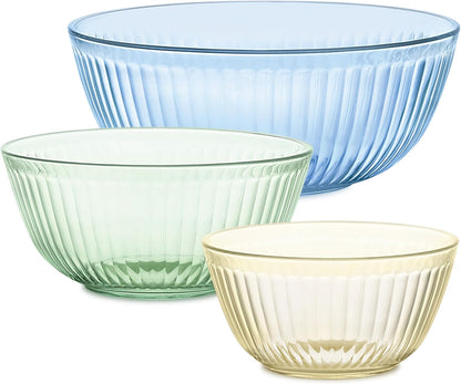 Pyrex Colors (3-Pack) Sculpted Tinted Unlidded Glass Mixing Bowls, Nesting Space Saving Set for Prepping, Baking