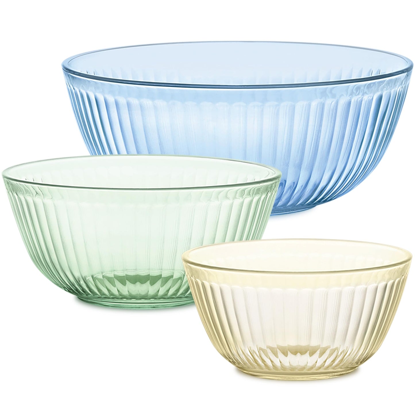 Pyrex Colors Tinted 3-PC, Unlidded Small/Medium/Large Glass Mixing Bowls, Nesting Space Saving Set of Bowls For Prepping and Baking, 1.3QT, 2.3QT & 4.5QT