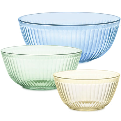 Pyrex Colors Tinted 3-PC, Unlidded Small/Medium/Large Glass Mixing Bowls, Nesting Space Saving Set of Bowls For Prepping and Baking, 1.3QT, 2.3QT & 4.5QT
