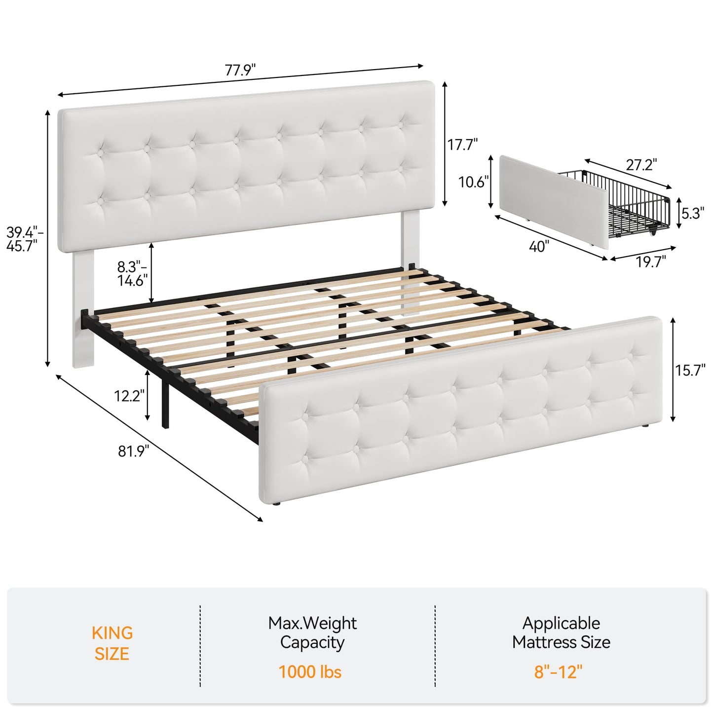 IDEALHOUSE King Size Bed Frame with 4 Storage Drawers and Headboard, Faux Leather Upholstered Platform Bed Frame with Wooden Slats Support, Button Tufted Design, No Box Spring Needed, White