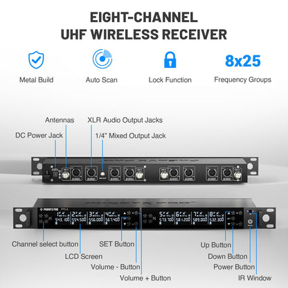 Phenyx Pro 8-Channel Wireless Conference Microphone System, Wireless Podium Microphone with 8x25 UHF Frequencies, Auto Scan, 8 Gooseneck Mics for Lecture, Church, Conference, Public Speaking (PTC-8)