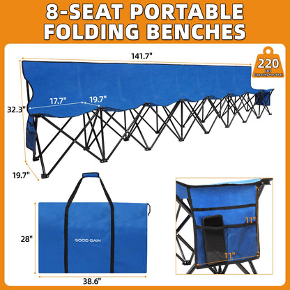 G GOOD GAIN Portable Soccer Bench - Team Bench Soccer 8 Seats with Bag, Sideline Folding Bench, Folded Chair Seating 8 for Football Camp Outdoor Sport Events, Team Chairs for Adults, Blue