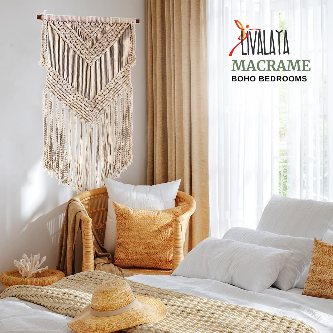 Livalaya Boho Macrame Woven Wall Hanging Beige 16 in x 36 in Modern Bohemian Tapestry wall Art Decor for House, Apartment, Dorm, Bedroom, Nursery, Party Decorations, Wedding, Wall Ornament