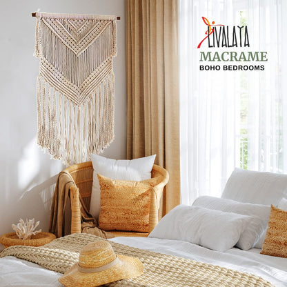 Livalaya Boho Macrame Woven Wall Hanging Beige 16 in x 36 in Modern Bohemian Tapestry wall Art Decor for House, Apartment, Dorm, Bedroom, Nursery, Party Decorations, Wedding, Wall Ornament