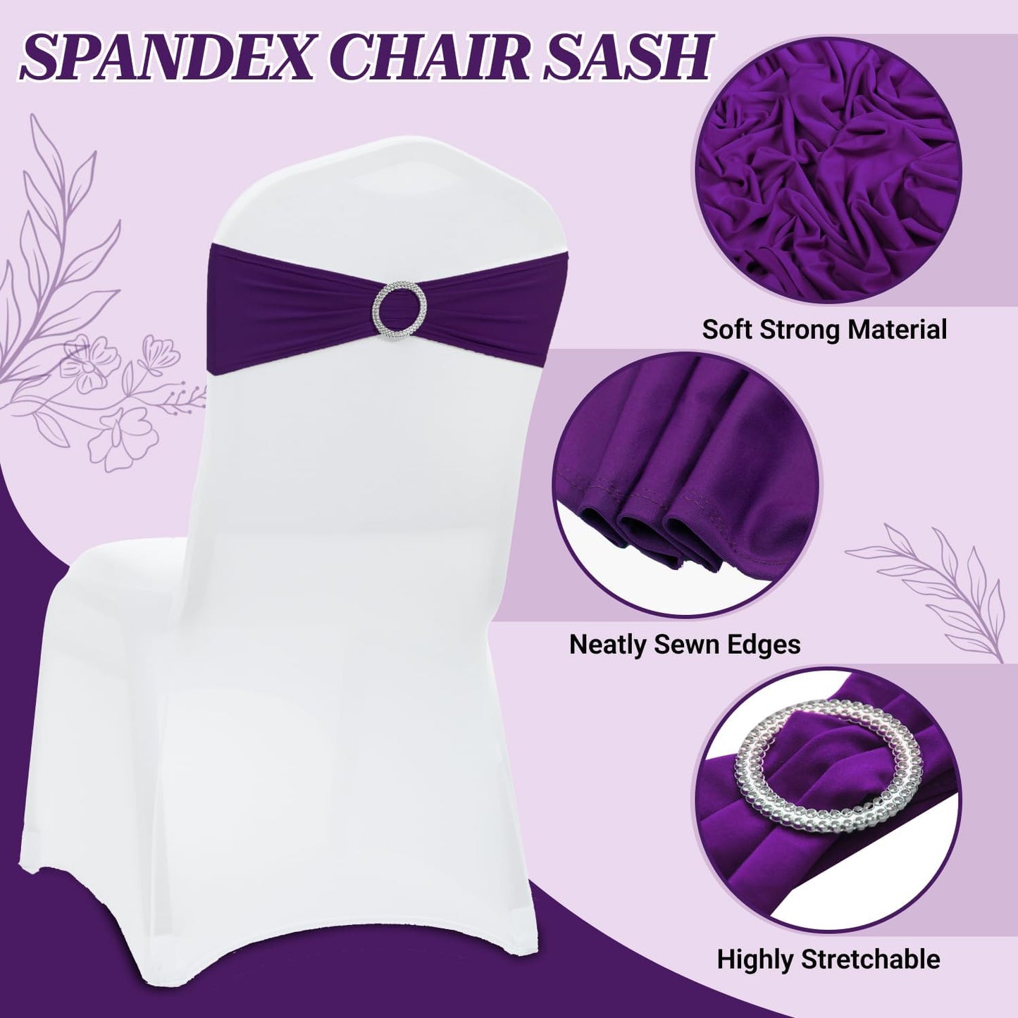 MDS Premium Stretch Chair Sashes - Pack of 10 Spandex Bow Covers for Weddings & Events | Purple