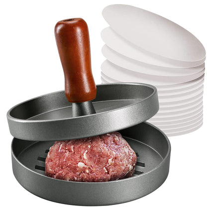 PIQUEBAR Burger Press Patty Maker Stainless Steel Hamburger Patty Press Mold Wood Handle Non-Stick with 100 Patty Papers
