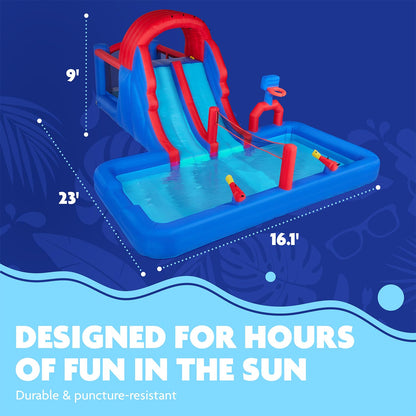 Sunny & Fun Ultra All-Play Inflatable Water Slide Park – Heavy-Duty for Outdoor Fun - Climbing Wall, Slides, Bounce House, Volley Net, Hoop, Deep Pool – Inflate w/Included Air Pump & Carrying Case