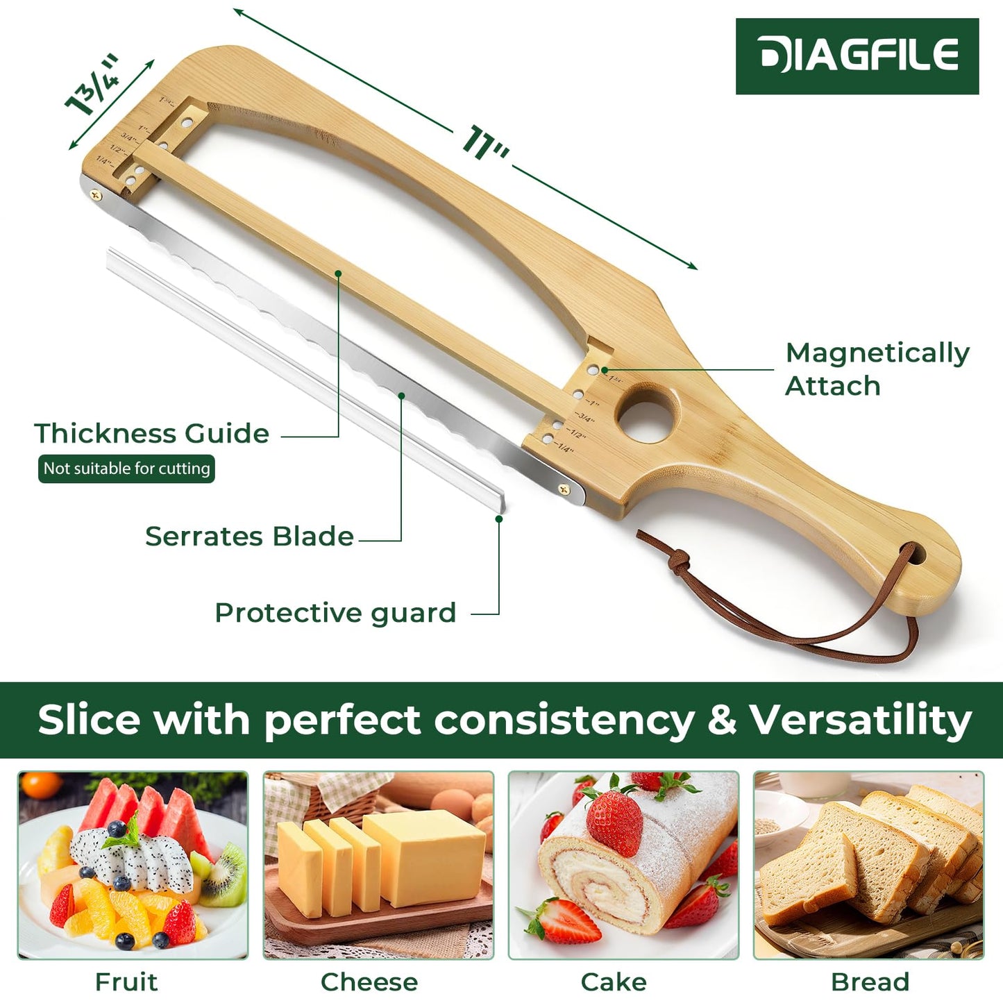 Adjustable Bread Slicer for Homemade Bread, 16.5'' Sourdough Bread Knife with Magnetic Adjustment Mechanism 5 Thickness Guides, Stainless Steel Serrated Bread Cutter for Bagels, Baguettes and More