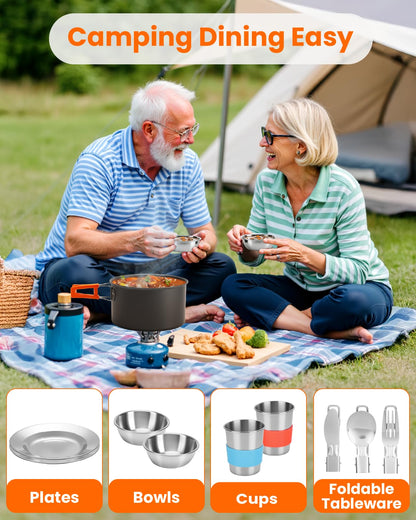 Fitense 21Pcs Camping Cookware Mess Kit for 2, Lightweight Camping Kitchen Pots and Pans Set, Portable Cooking Essentials for Backpacking, Hiking and Picnic