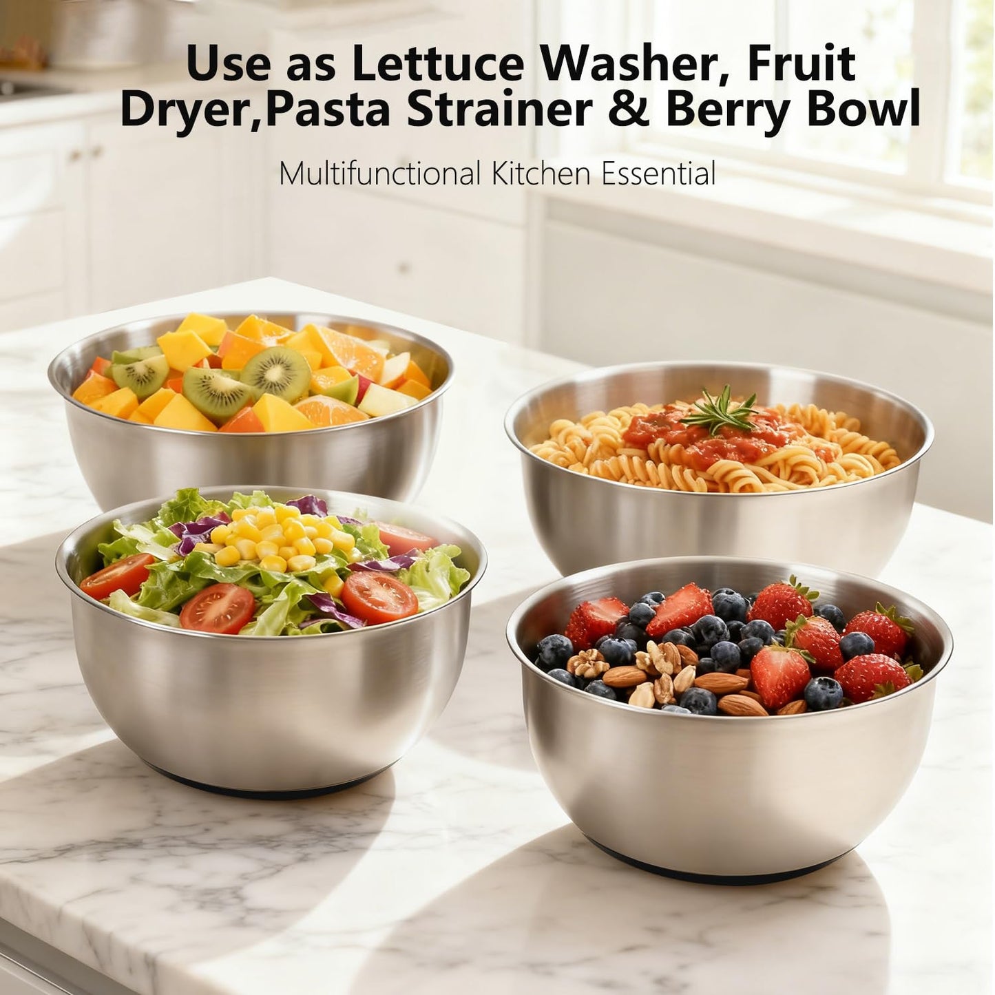 Large Salad Spinner with Storage Lid，5.29QT Stainless Steel Spin Dry Salad Greens Fruit Washing Bowl with Strainer Vegetable Cleaner washer Lettuce Spinner with slicer and julienne cutter