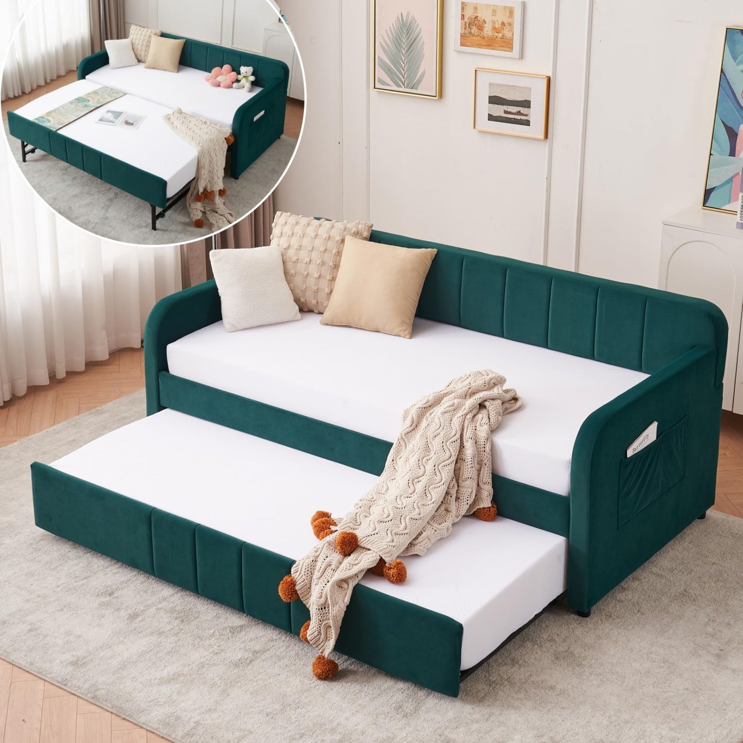 KEIKI Twin Velvet Corner Daybed with Liftable Trundle, USB Charging, Pockets, Converts to King Size, Upholstered Headboard Captain Sofa Day Bed Frames for Small Room, Bedroom, Kids' Room, Emerald
