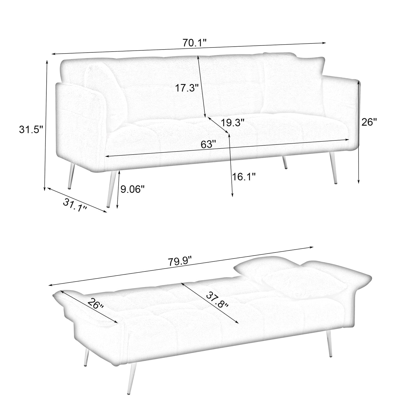 KEIKI 70" Teddy Fleece Convertible Futon Couch, Modern Loveseat Sofa with Adjustable Arms and Backrest, 2 Seater Small Sofa Couch with Metal Legs and Comfy Cushions for Living Room, Orange
