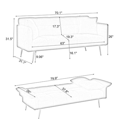 KEIKI 70" Teddy Fleece Convertible Futon Couch, Modern Loveseat Sofa with Adjustable Arms and Backrest, 2 Seater Small Sofa Couch with Metal Legs and Comfy Cushions for Living Room, Orange