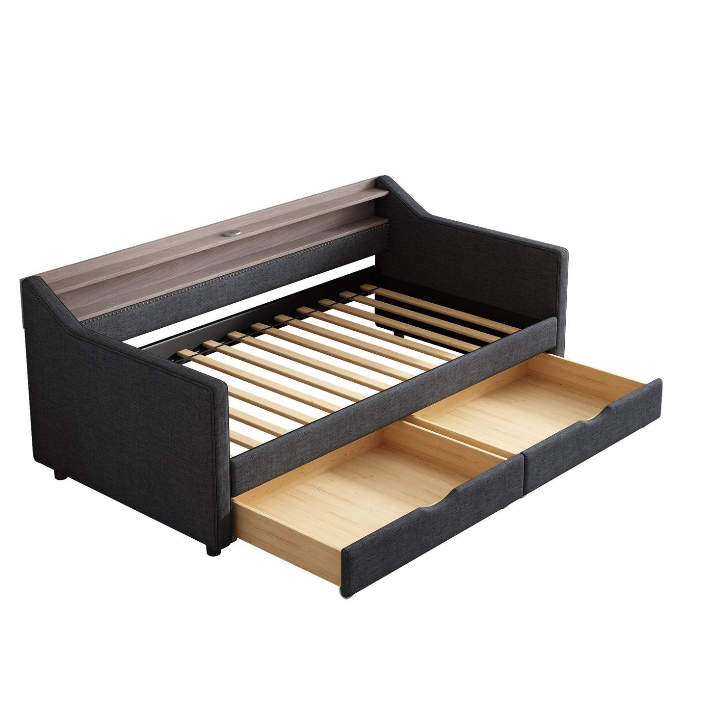 Ball & Cast Twin Size Daybed with Storage,Linen Upholstered Day Bed with 2 Drawers, Daybed Frame with USB Port and Smart LED Light,Wood Slat Support,No Box Spring Needed,Dark Grey