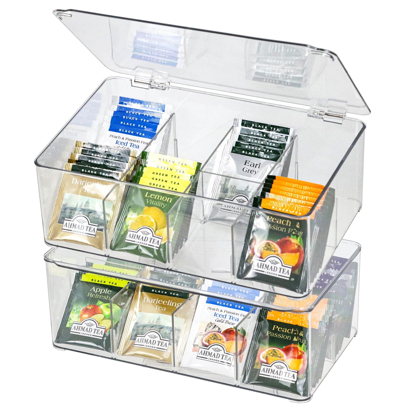 ZEXALOR Plastic Clear Storage Containers, Set of 2 Tea Bag Organizer Boxes 8 Compartments with Lids, Underwear Tie Drawer Organizer, Dresser Organizer (10.8×7×3.7")