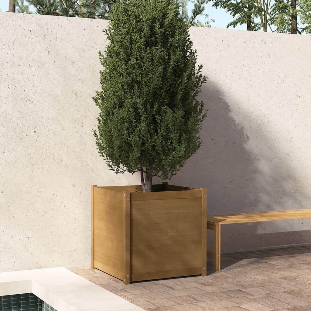 Mhdvray 27.6" Honey Brown Solid Pinewood Garden Planter Box, Large Square Raised Bed for Outdoor Patio, Terrace or Balcony Flower & Vegetable Growing, Rustic Finish, 32.4 lbs