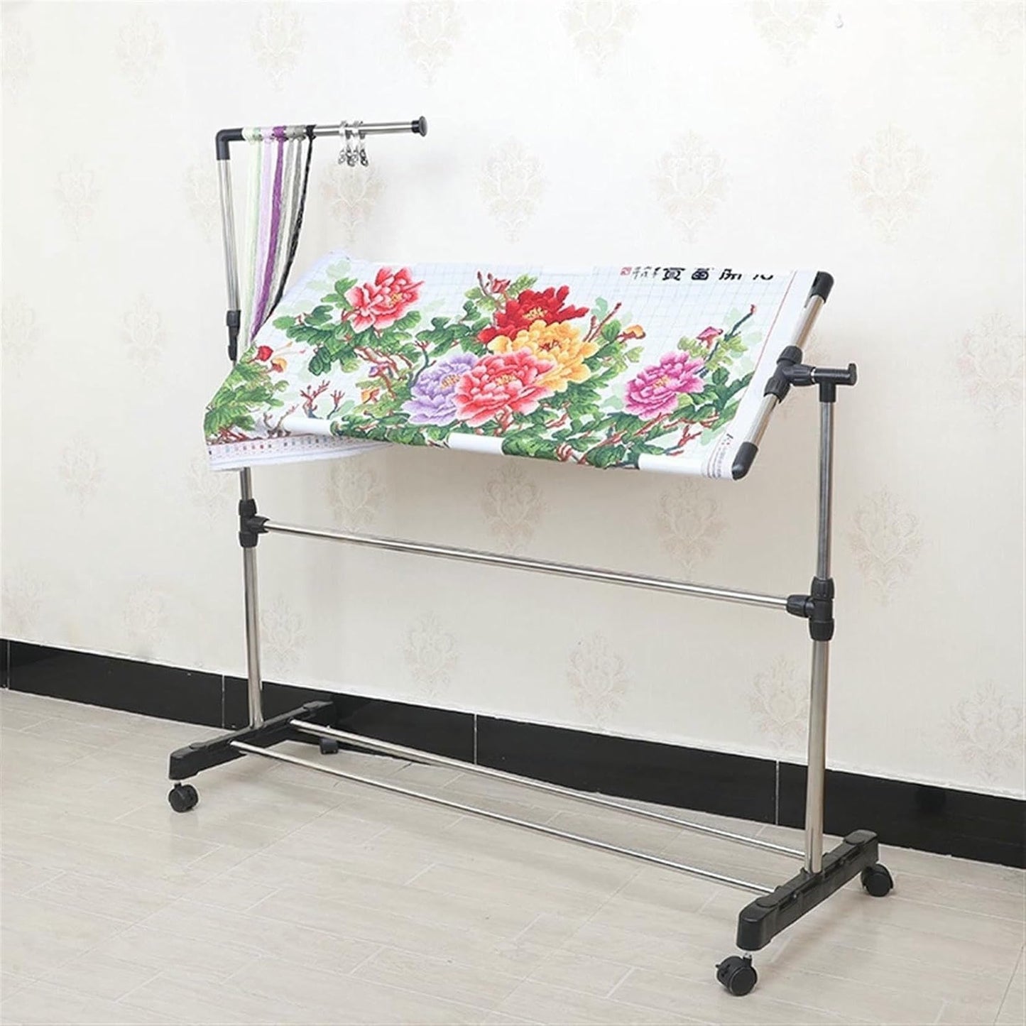 Stainless Steel Adjustable Height Embroidery Stand Cross Stitch Frame,360 Degrees Rotatable Wooden Floor Tabletop Tapestry Frame Craft Stand,Standing Lap Table for Art Craft Sewing Holder~/