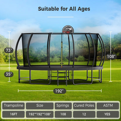 Tatub 16FT Upgrade Pumpkin Trampoline for Kids and Adults, Outdoor Recreational Trampolines with Basketball Hoop & Enclosure Net, Curved Poles & Storage Bag, Black