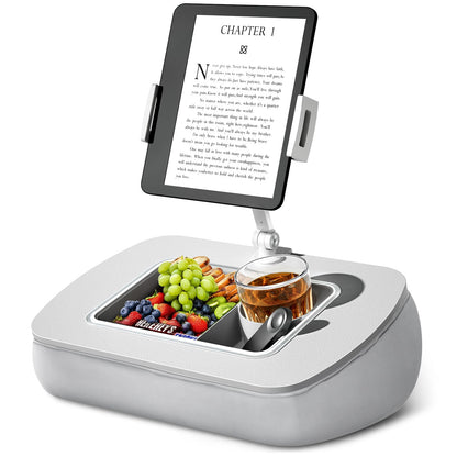 ERGONOV Tablet Stand Pillow with Snack Bowl, iPad Lap Holder for Hands-Free Reading and Relaxation on Bed,Couch,Recliner, 360° Rotating Clip for 4.7-13" Kindle,eBook,Tablet,iPhone (Light Gray)