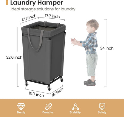 160L Laundry Basket with Wheels, Large Laundry Hamper with Removable Bag and Steel Frame, Rolling Dirty Clothes Basket