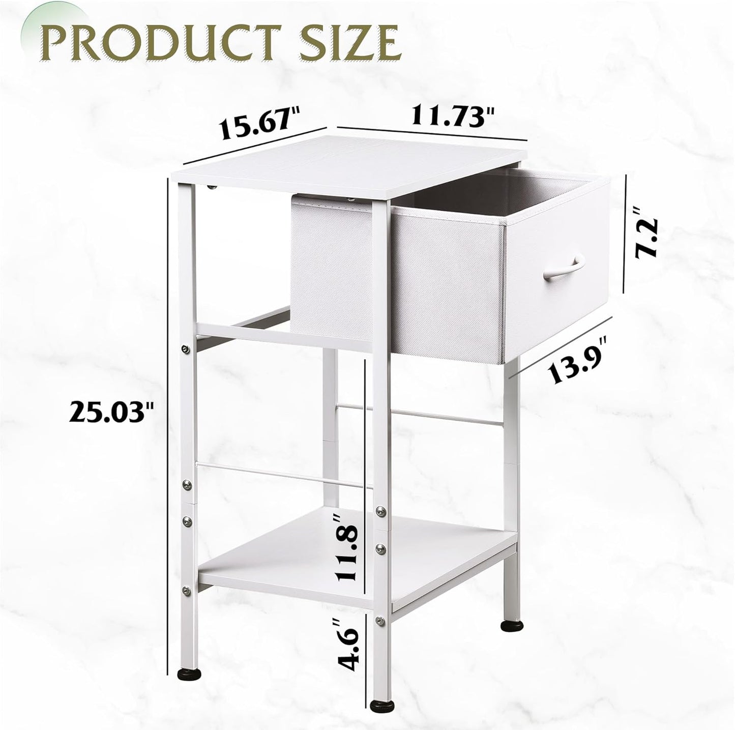25.03" WLIVE White Nightstand, Night Stand with Fabric Storage Drawer and Open Wood Shelf, Small End Side Table