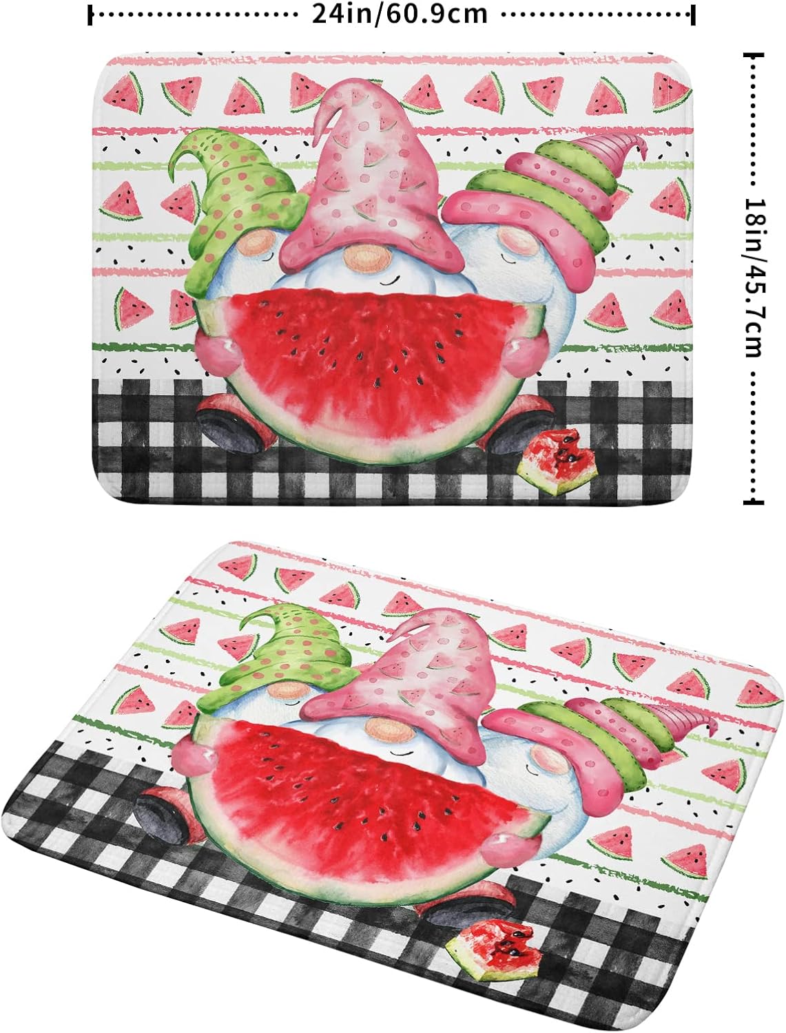 Summer Gnomes Dish Drying Mat 18x24 Inch, Watermelon Fruit Buffalo Plaid Absorbent Kitchen Dry Mats for Sink