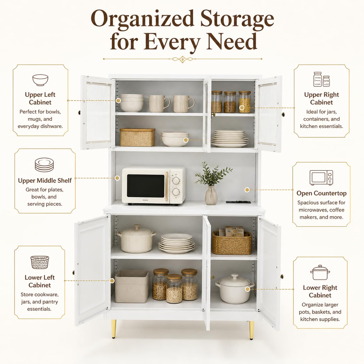 AUN Metal Pantry Cabinet with Charging Station - 68" Multi-Scene Storage Cabinet for Kitchen, Coffee Bar, Dining Room | Adjustable Shelves & Soft-Close Doors,White