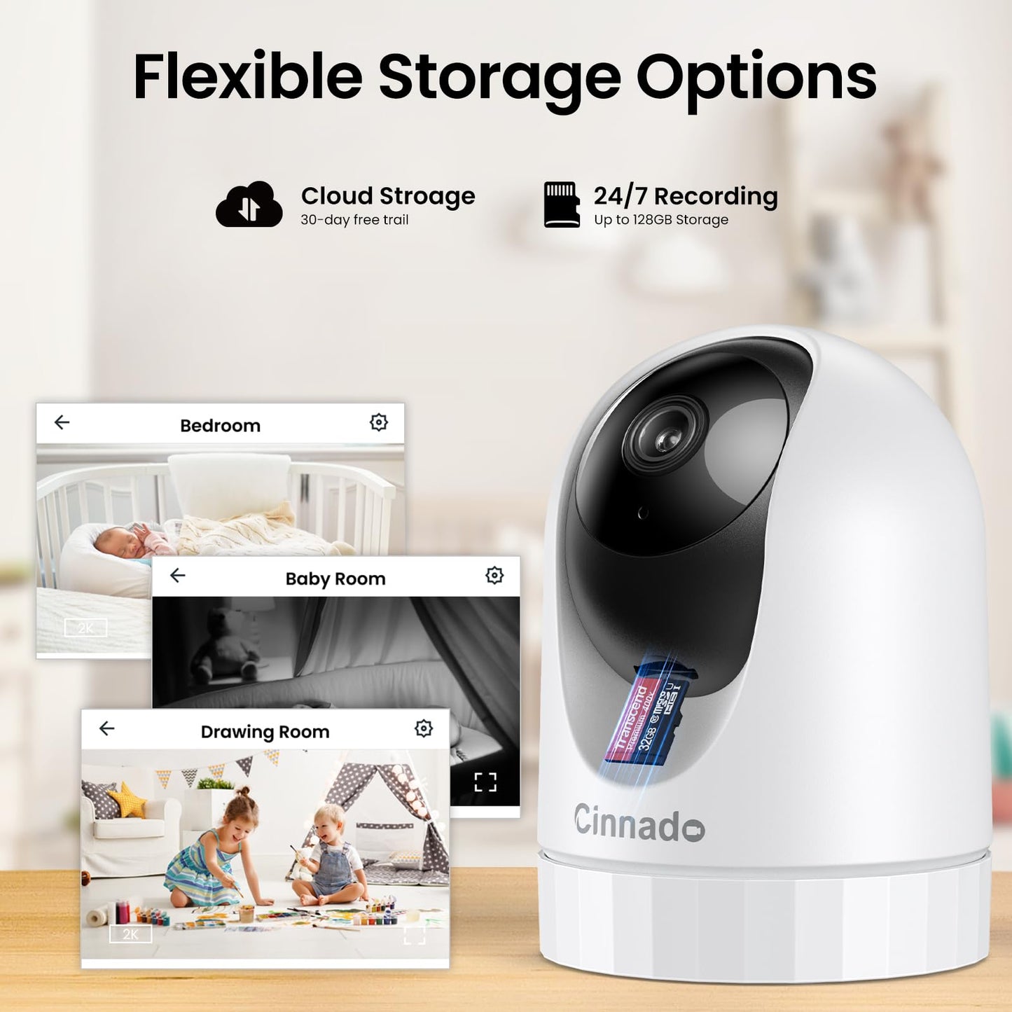 Cinnado 2K Home Security Cameras-2.4Ghz WiFi Indoor Camera with 360° Motion Detection for Pets/Nanny/Baby/Dog, 2 Way Audio, 24/7 SD Card Storage, Cloud Storage, Works with Alexa & Google Home, D1 4P