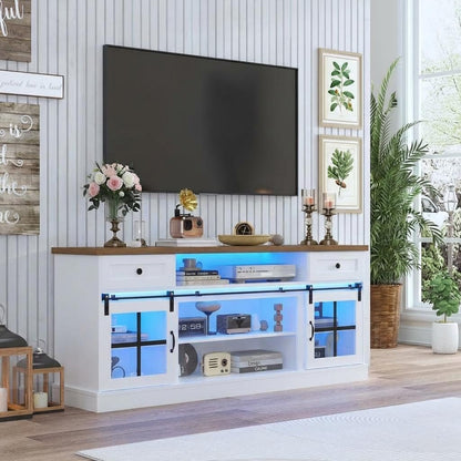 Garvee Farmhouse TV Stand for 80" TVs, Media Console Table with 2 Drawers, Power Outlets, Led Light, Barn Doors, Entertainment Center with Adjustable Shelves for Home Office, 66" w, White+Brown Top