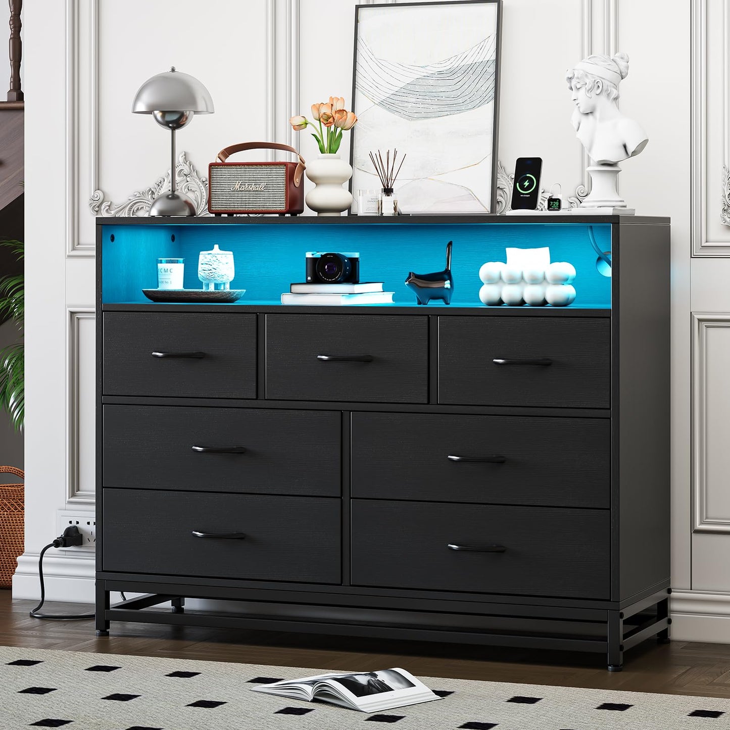 IDEALHOUSE Black 7-Drawer Dresser for Bedroom – Modern Long Dresser with Charging Station & LED Lights, Wooden Large Capacity Storage Chest, Wide Dresser for Living Room & Hallway