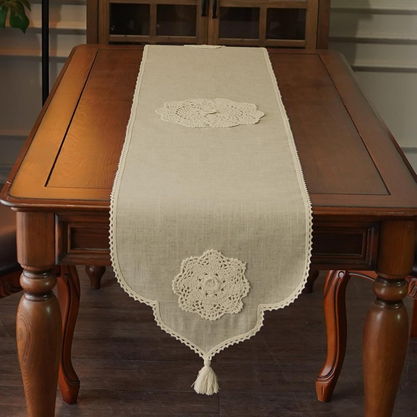 14 108 Inches) Macrame Table Runner Farmhouse Rustic Dresser Scarf Crochet Handmade Cotton Lace Doily with Tassel