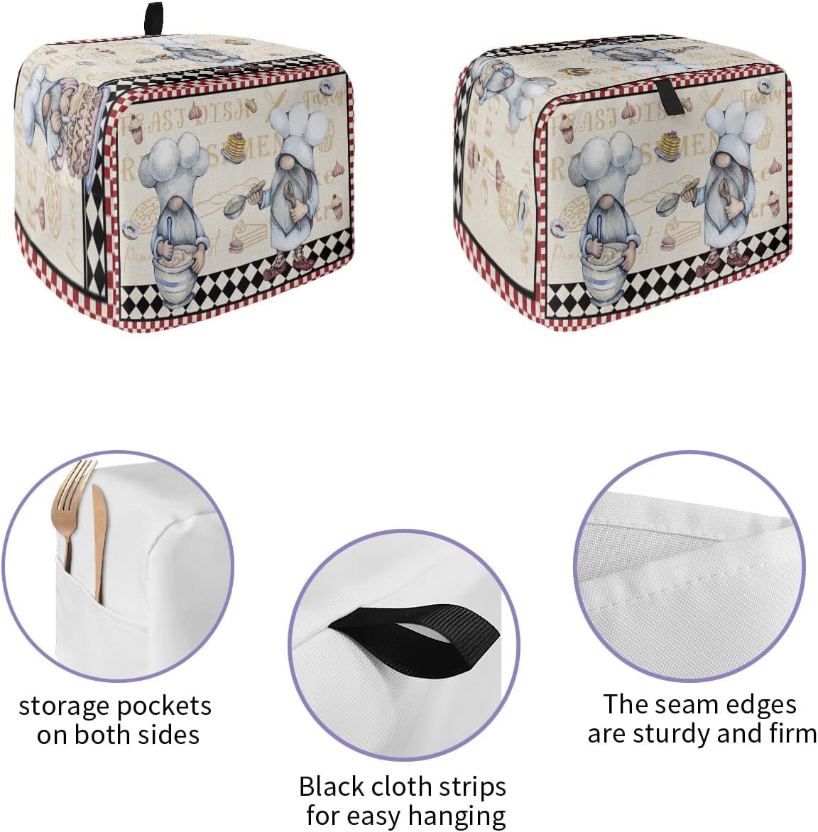 Kitchen Chef Gnomes Toaster Cover 4 Slice, Large Retro Kitchen Appliance Covers with Loop