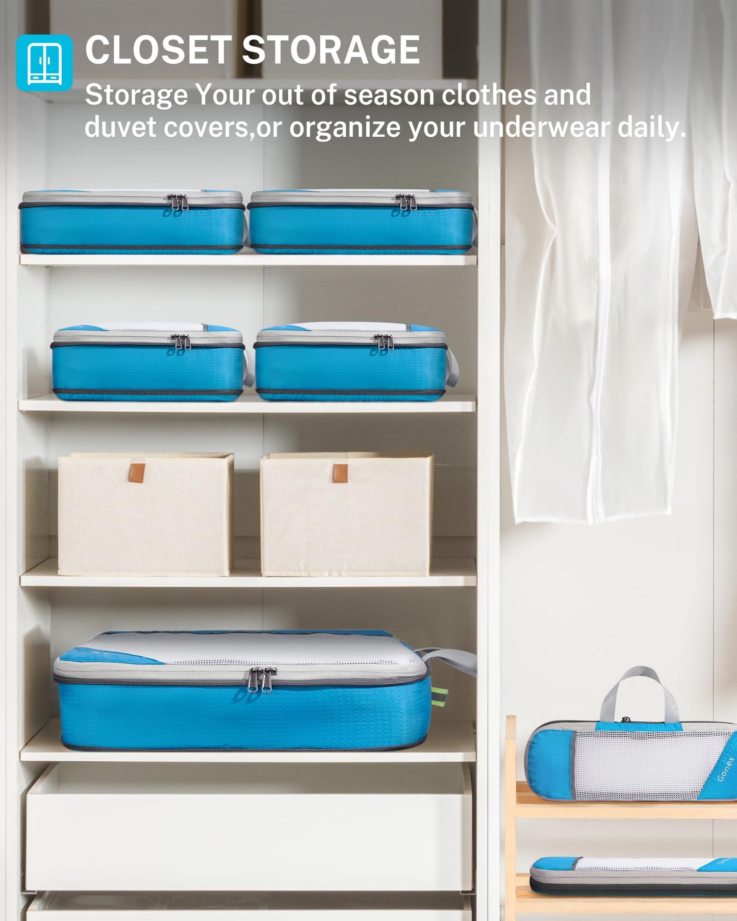 Gonex Compression Packing Cubes Mesh Organizers L+M+S+XS+Slim+Laundry Bag Blue