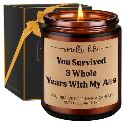 GSPY Candle, 3 Year Anniversary Candle Gifts for Him, Her, Couple - 3rd Anniv. Funny Gifts for Husband, Wife, Girlfriend, Boyfriend, Men - 3 Year Leather Anniversary, Third Wedding Anniv. Present