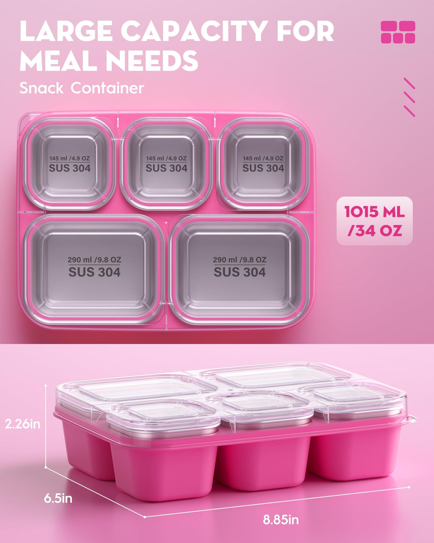 BiuLeon Snackle Box Containers, Stainless Steel 5 Compartments Divided Serving Tray with Lid, Removable LeakProof Portable Bento Box for Fruit Candy Nuts Food - School, Picnic and Travel（Pink）