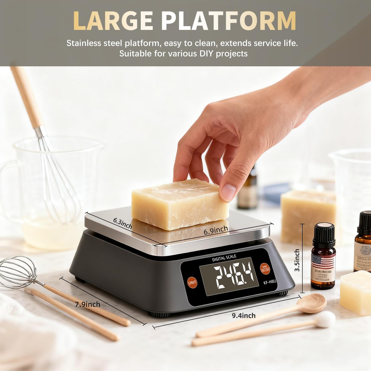 Kitchen Scales Digital Weight Grams and Ounces, YONCON KF-H8U Food Scale for Bakers, Candle and Soap Making, Baking Scale with Stainless Steel Large Platform, 22lb, 3*AA Batteries and AC Power Adapter