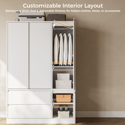 IRONCK 47.2" Armoire Wardrobe Closet with Drawers, White Armoire with Hanging Rods & DIY Adjustable Shelves, Modern Wardrobe with Soft-Close Hinges, Freestanding Closet for Bedroom