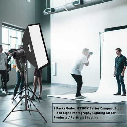 Godox MS300V Studio Flash Kit (2X 300W) with 2 Softboxes, 2 Light Stands, 2 Reflectors, LED Modeling Lamps, 2.4G Wireless X System, Bowens Mount – Ideal for Studio, Portrait & Fashion Photography