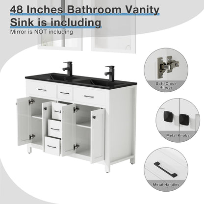 LUCKWIND 48" Modern Bathroom Vanity with Sink Combo, Contemporary Painted Storage Cabinet and Double Black Sink, Include Soft-Closing Doors & Matte Black Faucet, White