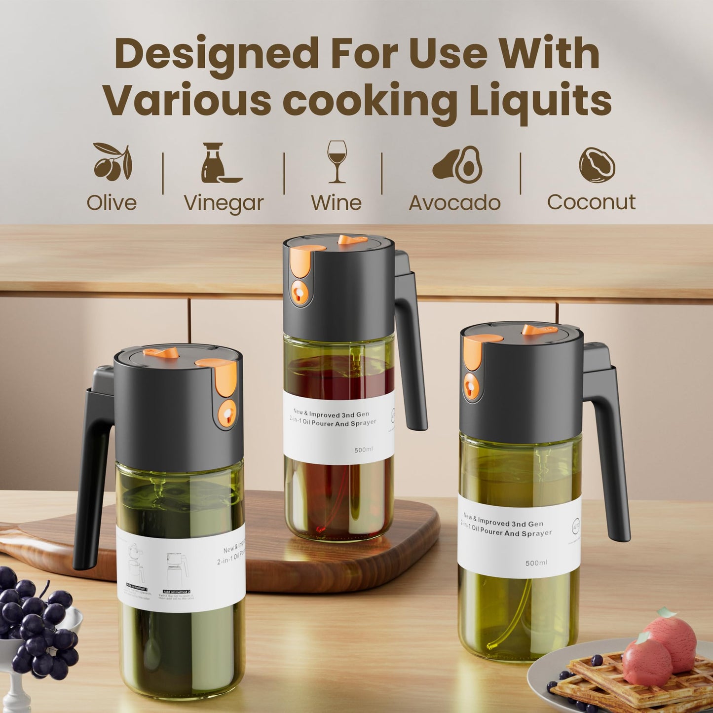 LAKUMIQI 2 in 1 Oil Sprayer for Cooking, 17oz Light-Blocking Glass Spray Bottle with Stickers, Oil Dispenser for Salad, Air Fryer & BBQ