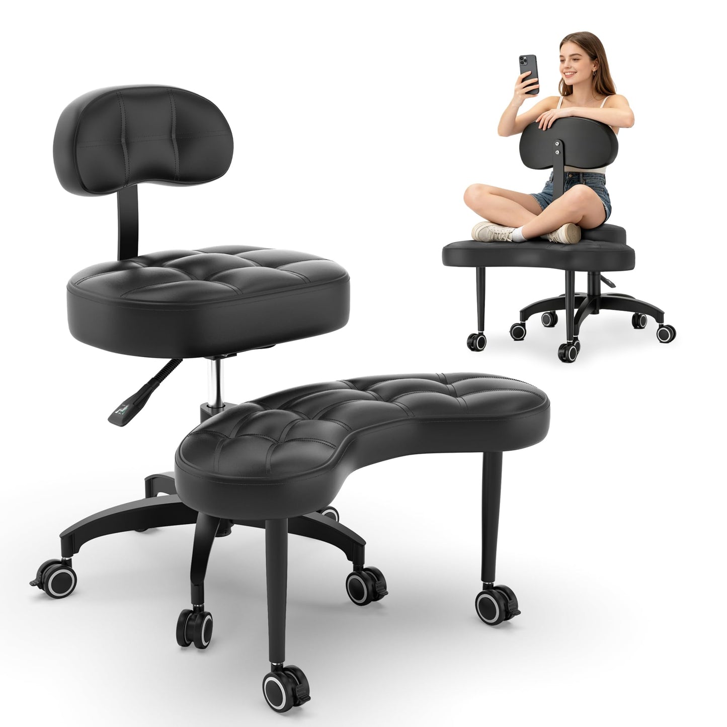 TASALON Cross Legged Office Chair, Criss Cross Chair with Wheels, 360° Swivel Adjustable Height ADHD Chair with Back Support, Ergonomic Kneeling Chair for Meditation, Yoga & Home Office Use, Black