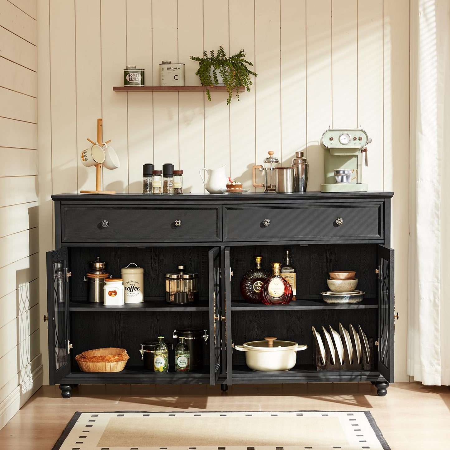 Joaxswe Farmhouse Sideboard Buffet Cabinet with Storage,59" Large Credenza with 4 Glass Doors & 2 Drawers,Adjustable Shelves Console Table,Wood Kitchen Coffee Bar for Dining Room,Living Room,Black