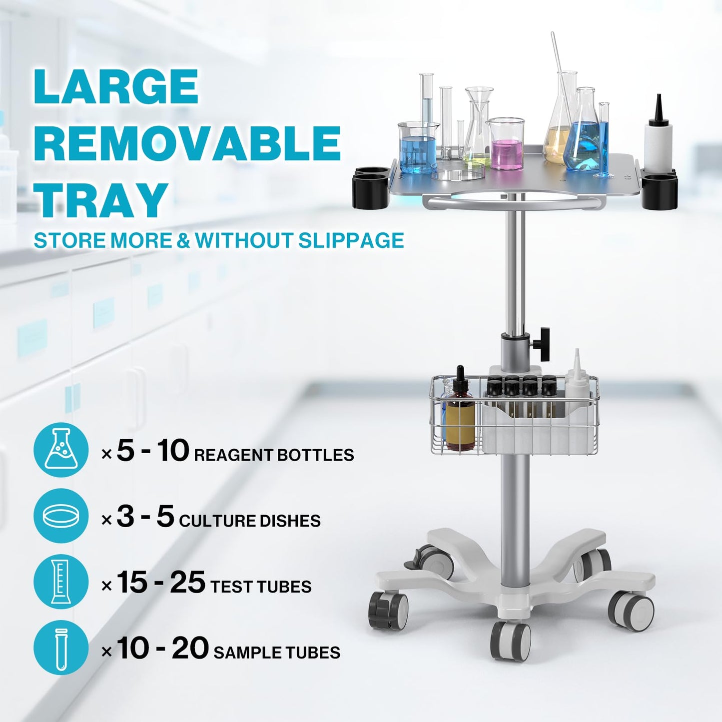Medical Mobile Trolley Cart with Wheels - Height Adjustable Stainless Steel Dental Cart Rolling Desktop with 16.5"× 16.5" Large Tabletop for Dental Offices, Hospitals, Labs