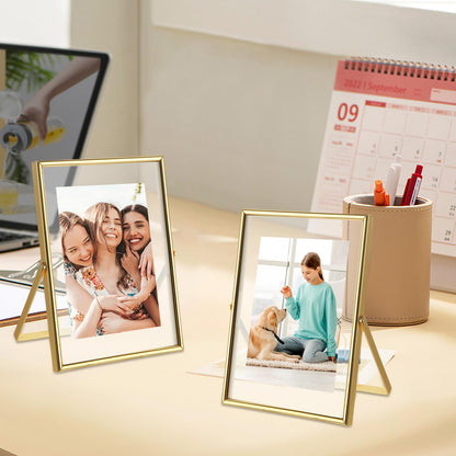 WOPPLXY 5 "x 7" Gold Floating Frames Set of 3, Pressed Glass Floating Frames, Vertical Adjustable Tabletop/Shelf Photo Frame, Gold Floating Picture Frame for 4 x 6,3 x 5 Photo Tabletop Display