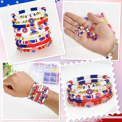YXFEIR 2480pcs Clay Beads & Charms Jewelry Making Kit, 4th of July White Red Blue Beads Bracelet with Clay Beads Glass Seed Beads, Patriotic-Themed Bracelet Making Kit with Letter Beads and Charms